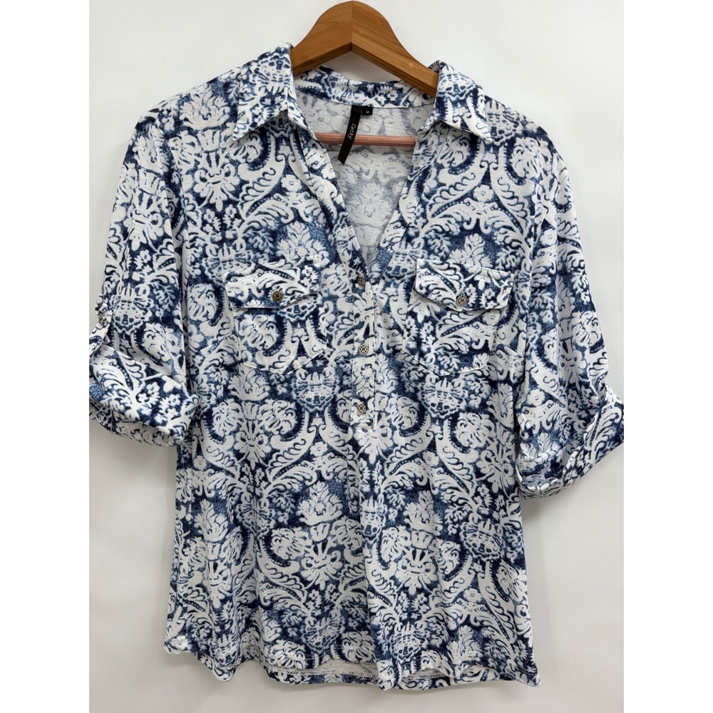 Cathy Daniel's  Blue White Damask Knit Top‎ Roll Tab Sleeve Button Front Size M
